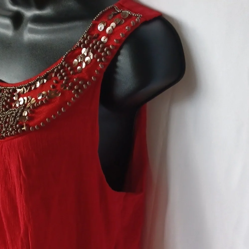 Red maxi beaded dress with sequins, and light weight gauze material,